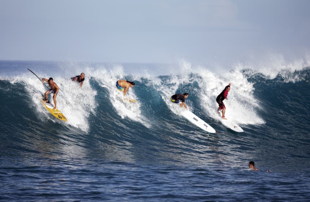 Surfers riding a wave